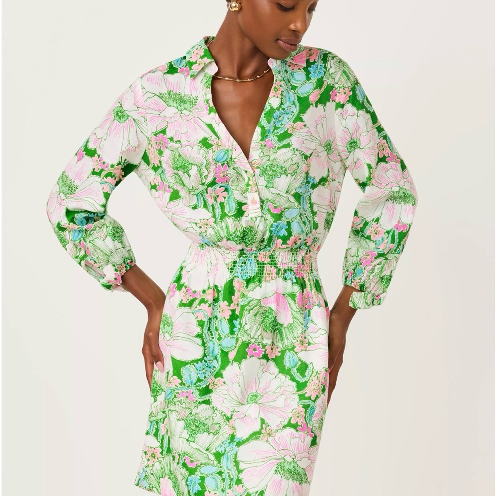 Abralynn Linen Shirtdress  Lilly Pulitzer Size Zero Putting Green Poppyland